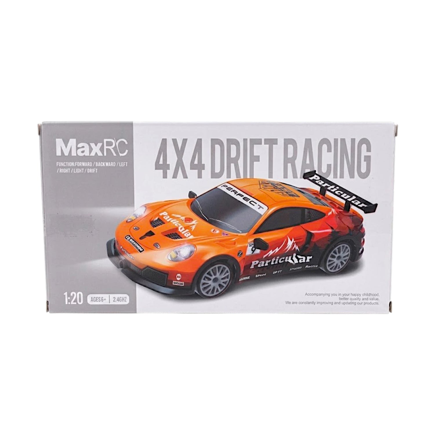 RC Drift Car retail packaging showing 1:20 scale, ages 6+, and 2.4GHz specifications