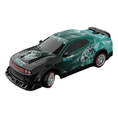 4WD RC drift car in turquoise with leopard graphic — main view