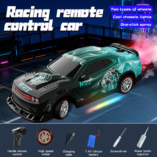 Turquoise RC drift car with LED chassis lights and one-click spray effect in action