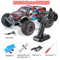 RC Monster Truck 1:12 scale 4WD off-road remote control truck in red, with controller and included accessories