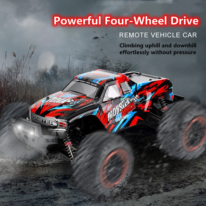 RC Monster Truck climbing through mud, powerful four-wheel drive off-road remote control truck