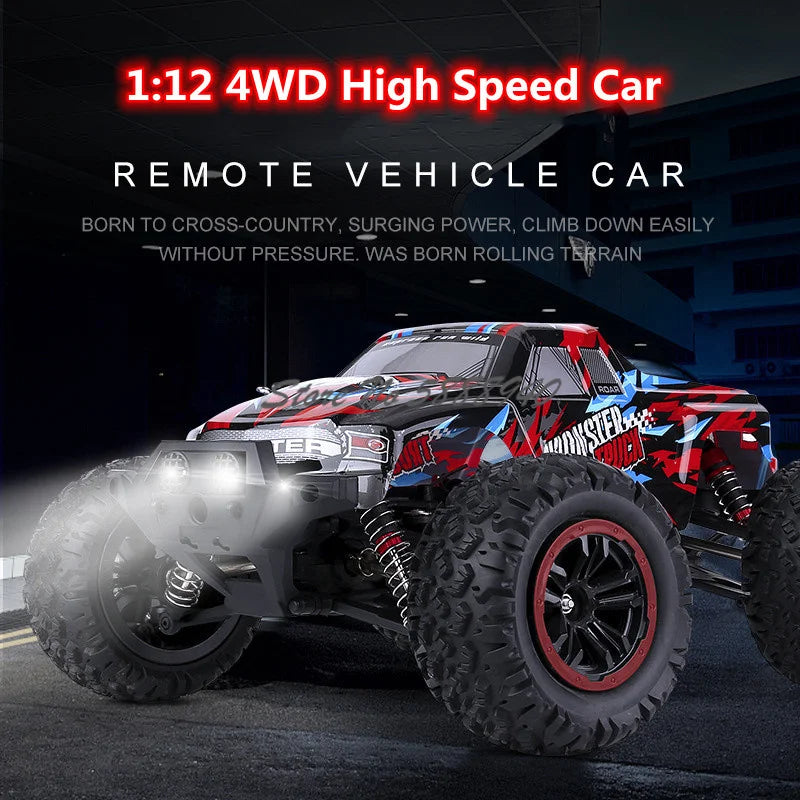 RC Monster Truck with bright LED headlights, 1:12 scale 4WD high-speed remote control truck at night