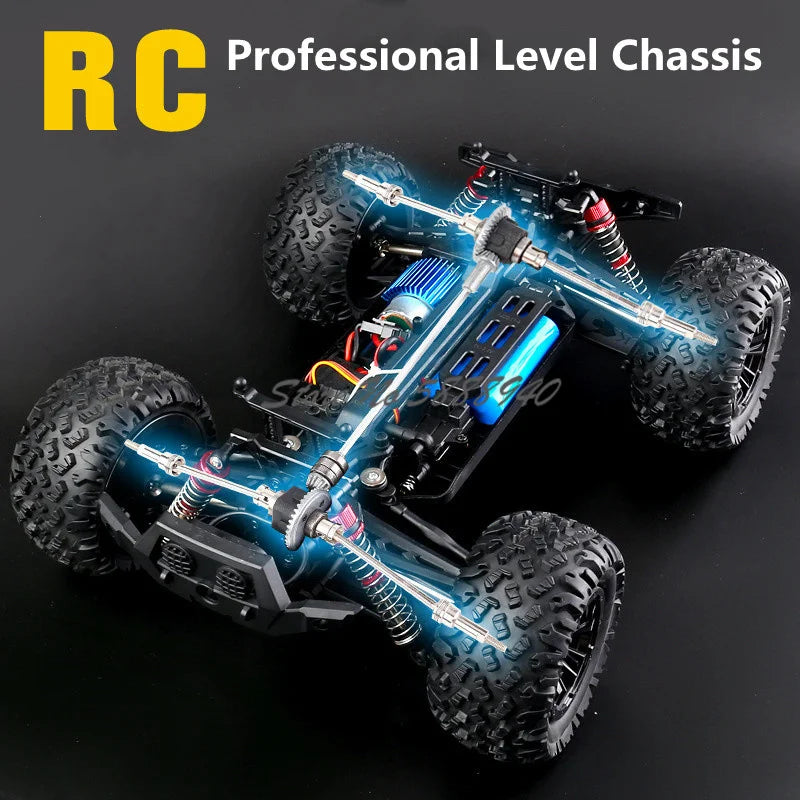 RC Monster Truck professional-level 4WD chassis with shock absorbers and drivetrain