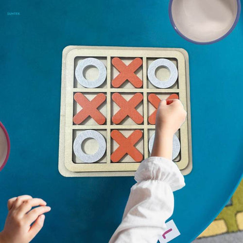 Wooden Sensory Tic Tac Toe Puzzle Board Game for Kids – Classic X & O Strategy Toy