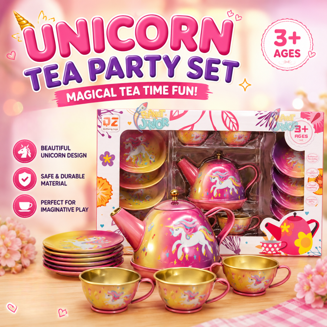 Unicorn Tea Party Set for kids with teapot, cups, saucers and plates
