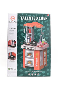 Kids kitchen set with cookware, tableware and food accessories